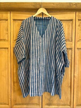 Happy French Gang Blue & Tan Striped Tunic/Dress Handwoven Cotten Block Printed